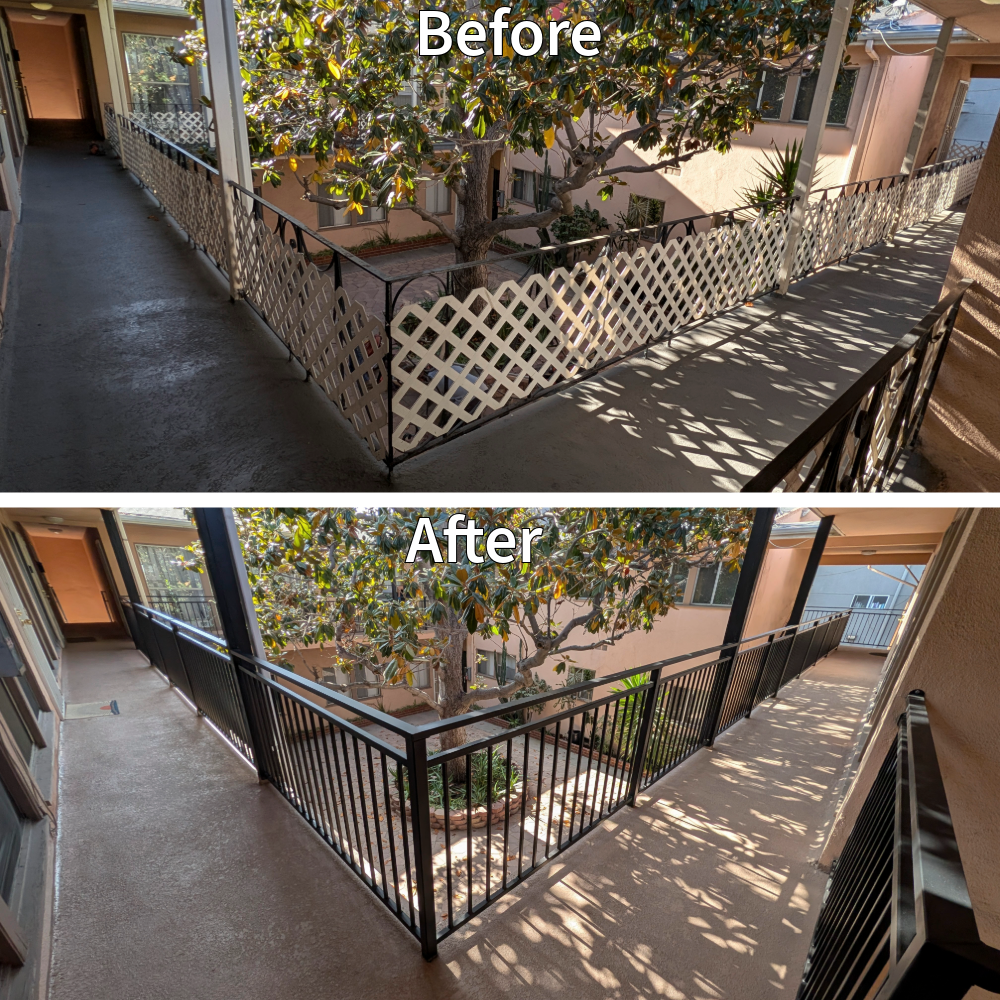 Hollywood apartment courtyard walkways before and after: old white lattice guardrails replaced with new black powder-coated railings and a new waterproofing system.