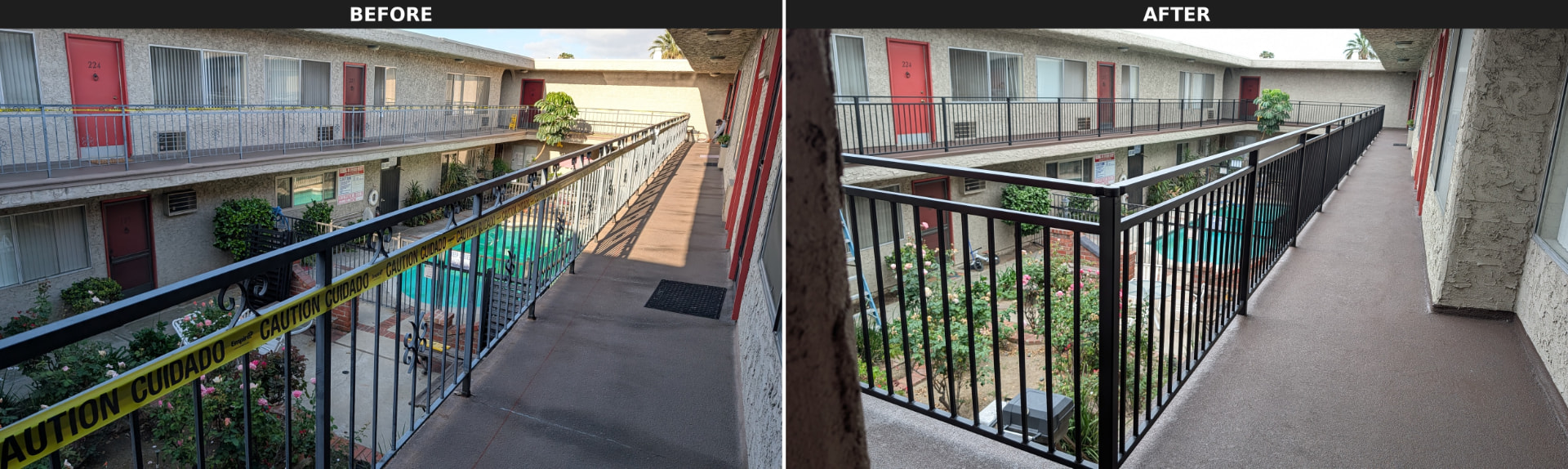Combined before-and-after comparison of an apartment walkway with the original railing and the completed replacement railing