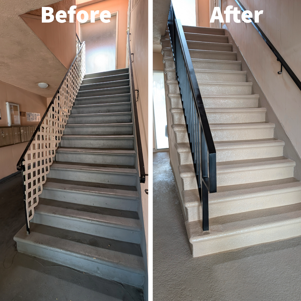 Hollywood apartment common stair before and after: worn treads repaired, sealed with a new waterproofing coating, and new black metal guardrails and handrails installed.