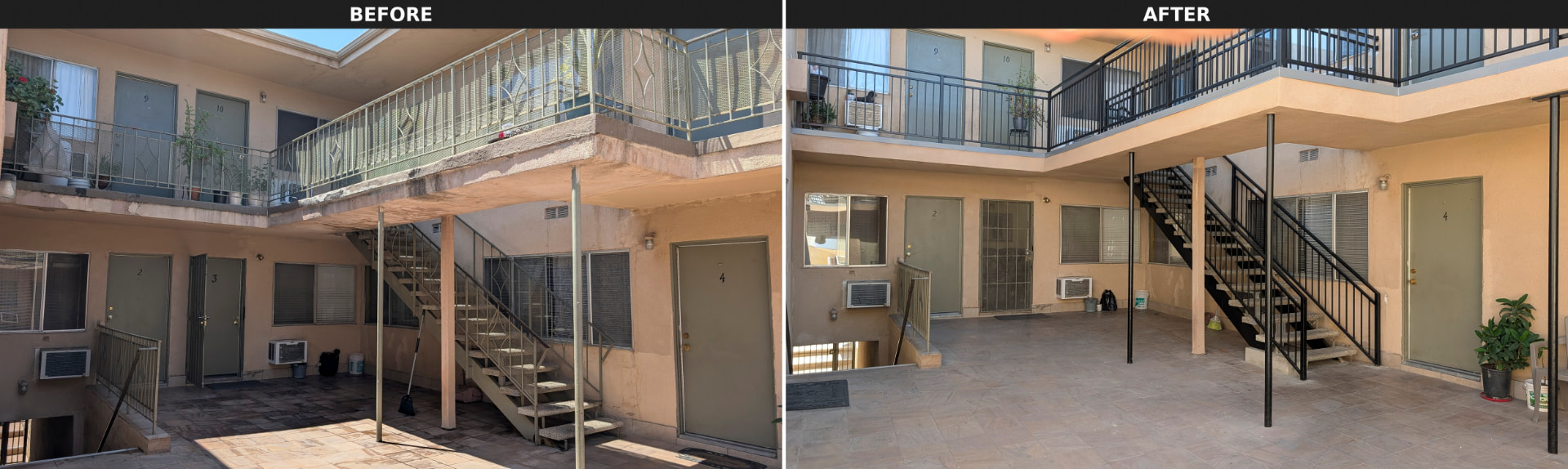 Combined before-and-after comparison of an apartment courtyard walkway, stairs, supports, and railings