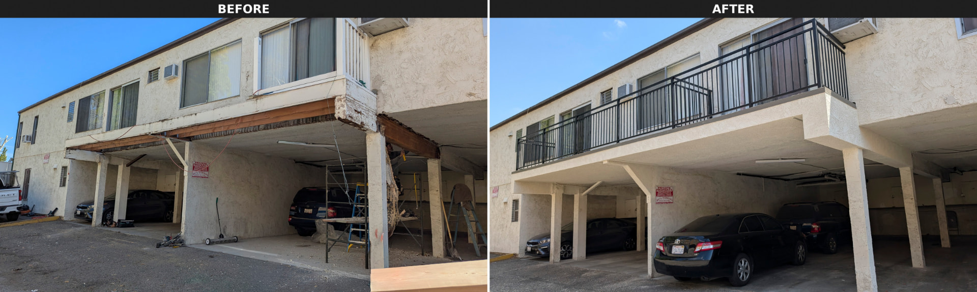 Combined before-and-after comparison of a damaged apartment balcony above a carport and the completed structural rebuild