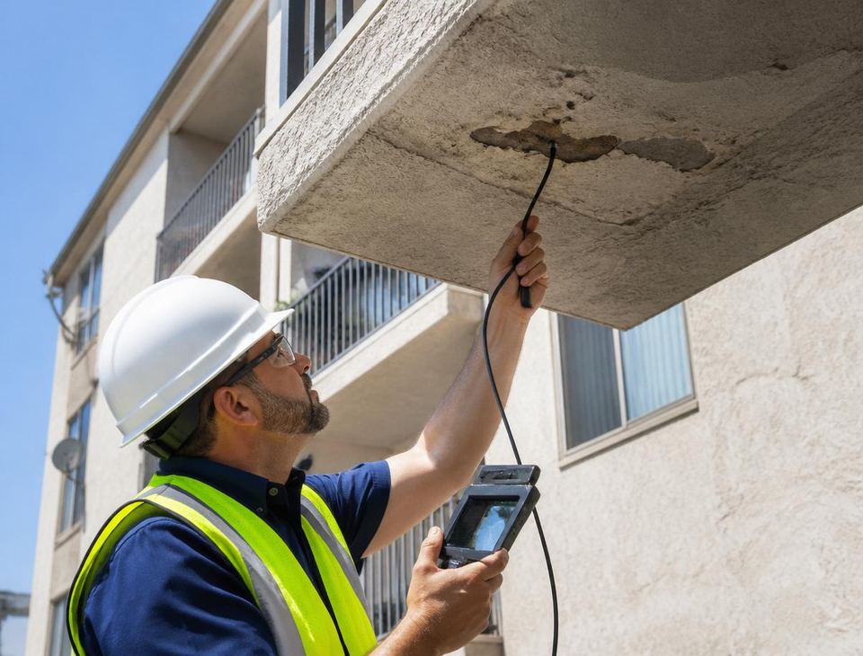 Inspector examining balcony