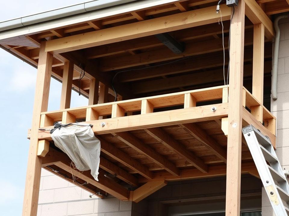 Apartment balcony walkway with new metal guardrails after repair